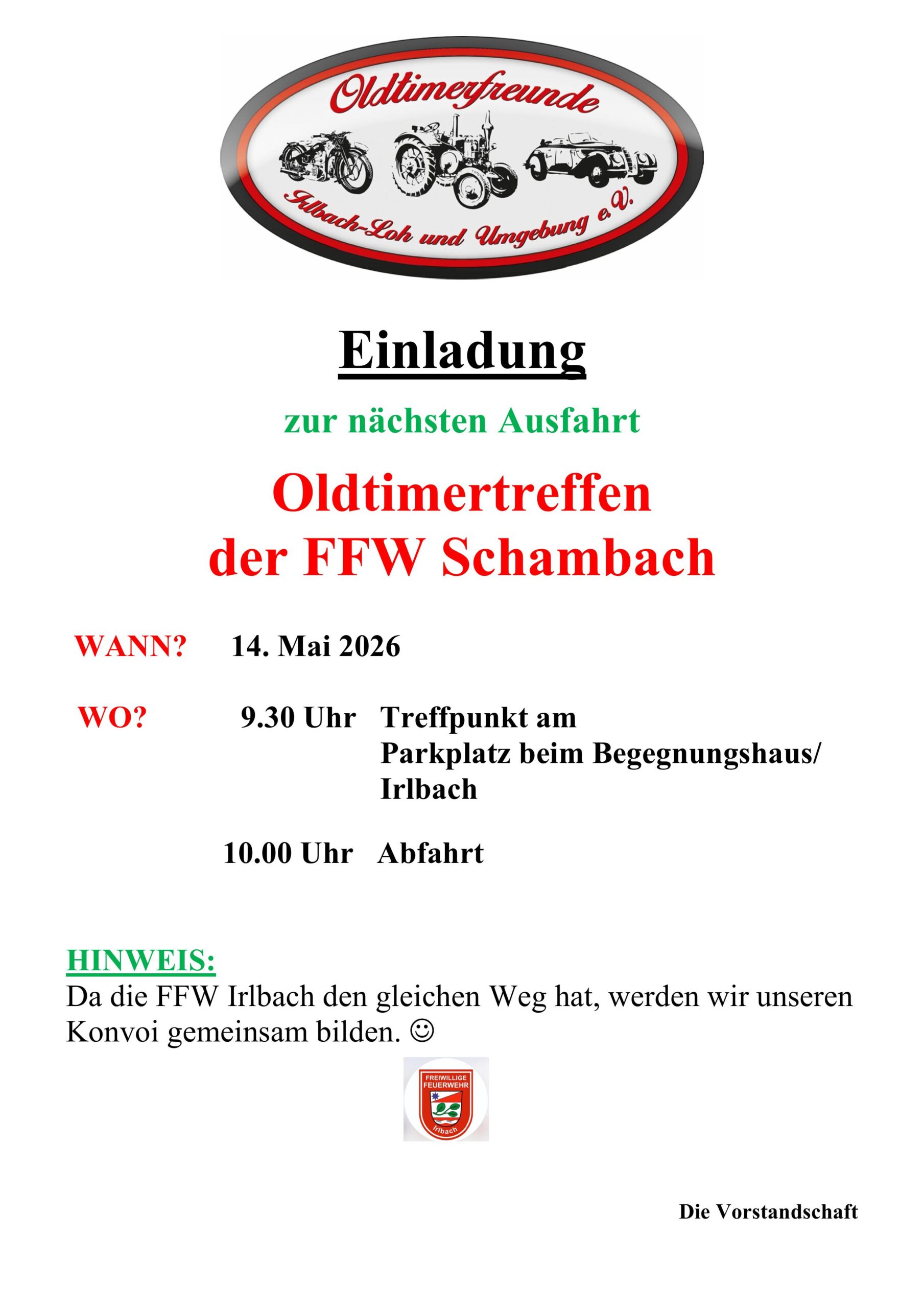 Einladung zur Ausfahrt am 14.5.:  Oldtimertreffender FFW Schambach